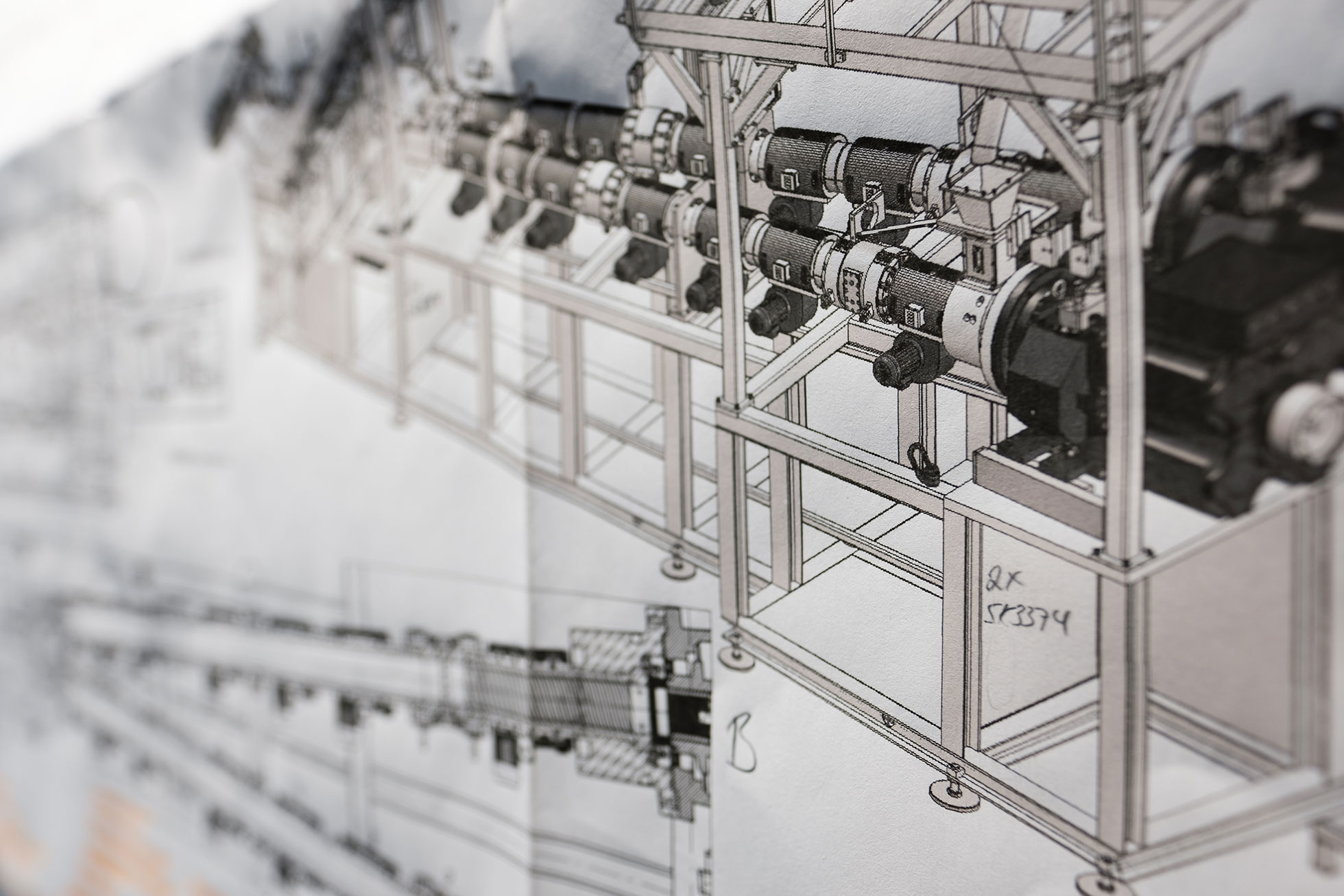 Construction drawings for plastics extrusion machinery.